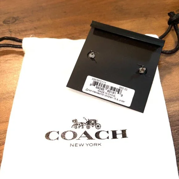 Coach Crystal Heart Logo Stud Earrings Gold Clear Pavé C NWT - Picture 4 of 4